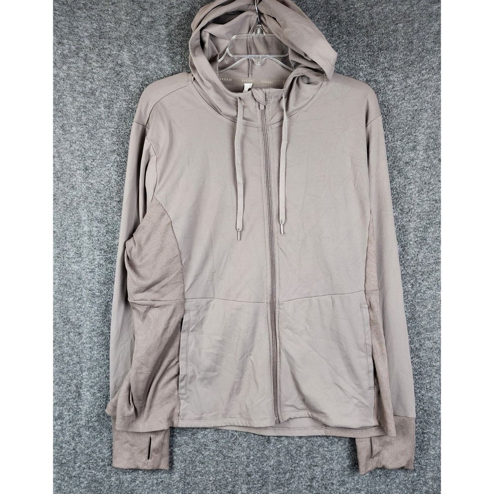 RBX Full Zip Hoodie Women 2XL Taupe Ribbed Panel Thumbhole Active Jacket